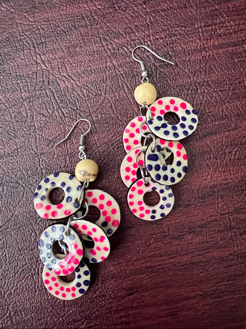 Handmade Pink and Navy Polka Dot Drop Earrings